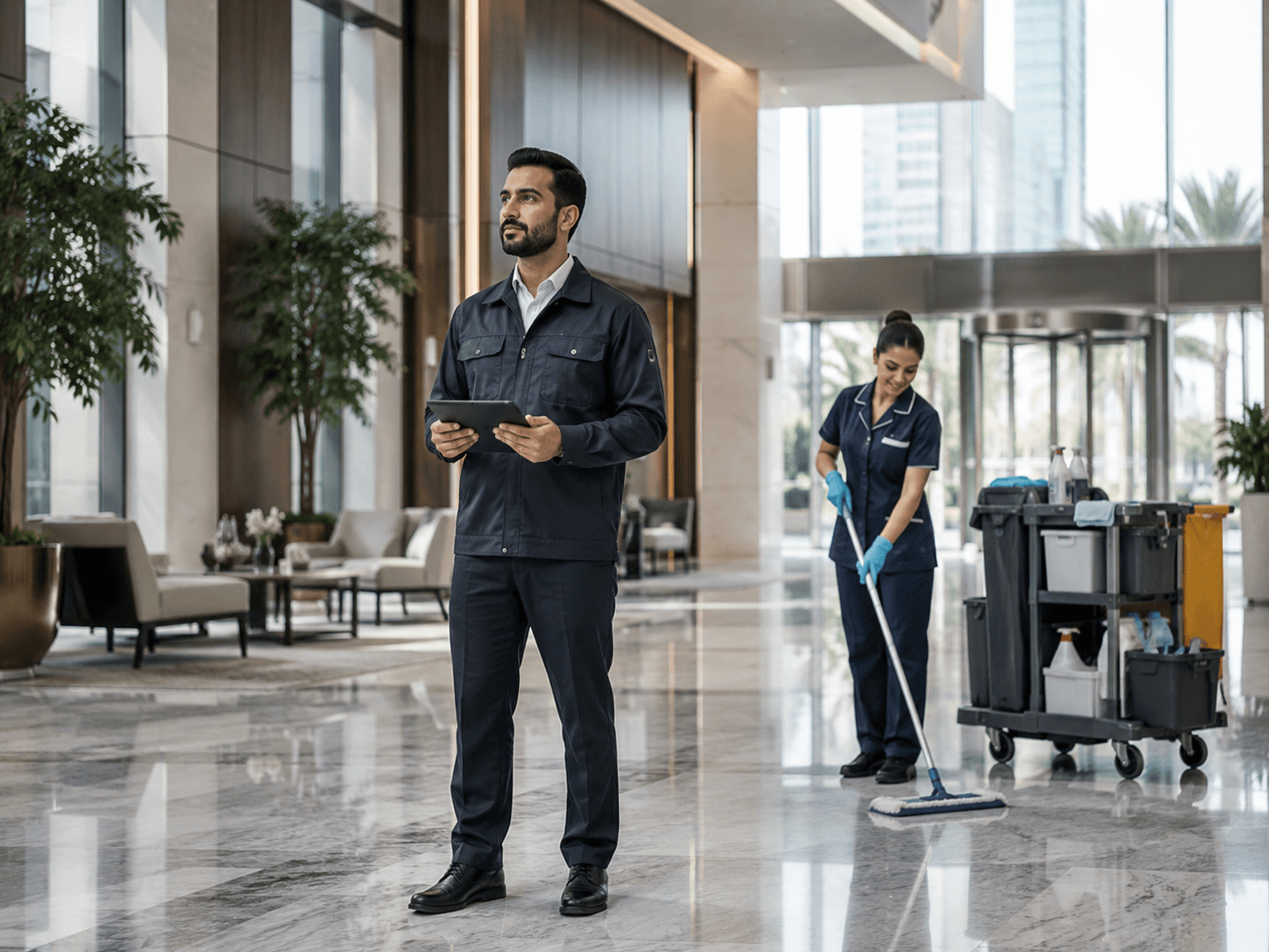 Facilities cleaning operative servicing a UAE commercial building lobby