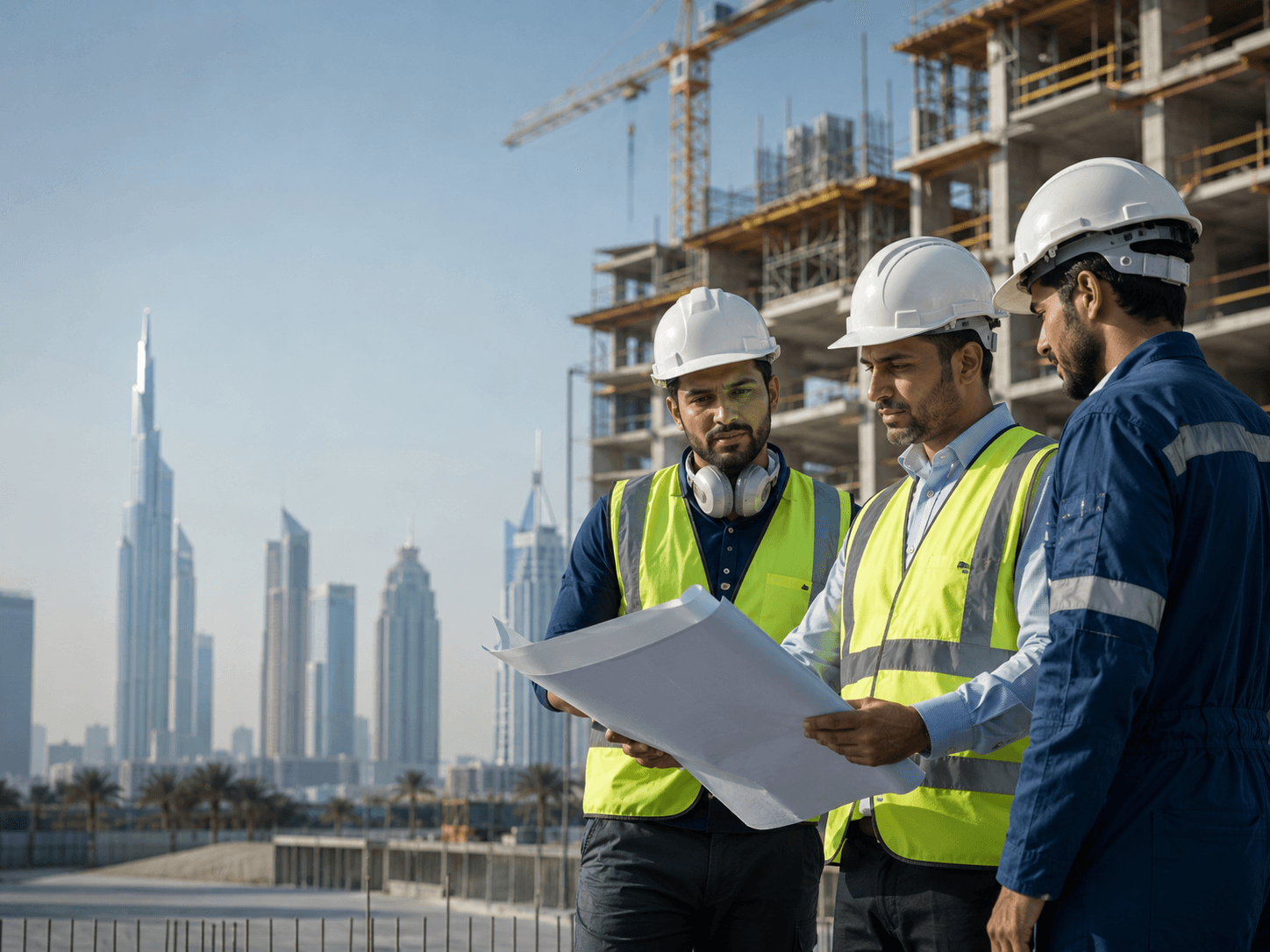 Construction workers on a UAE building site reviewing compliance records