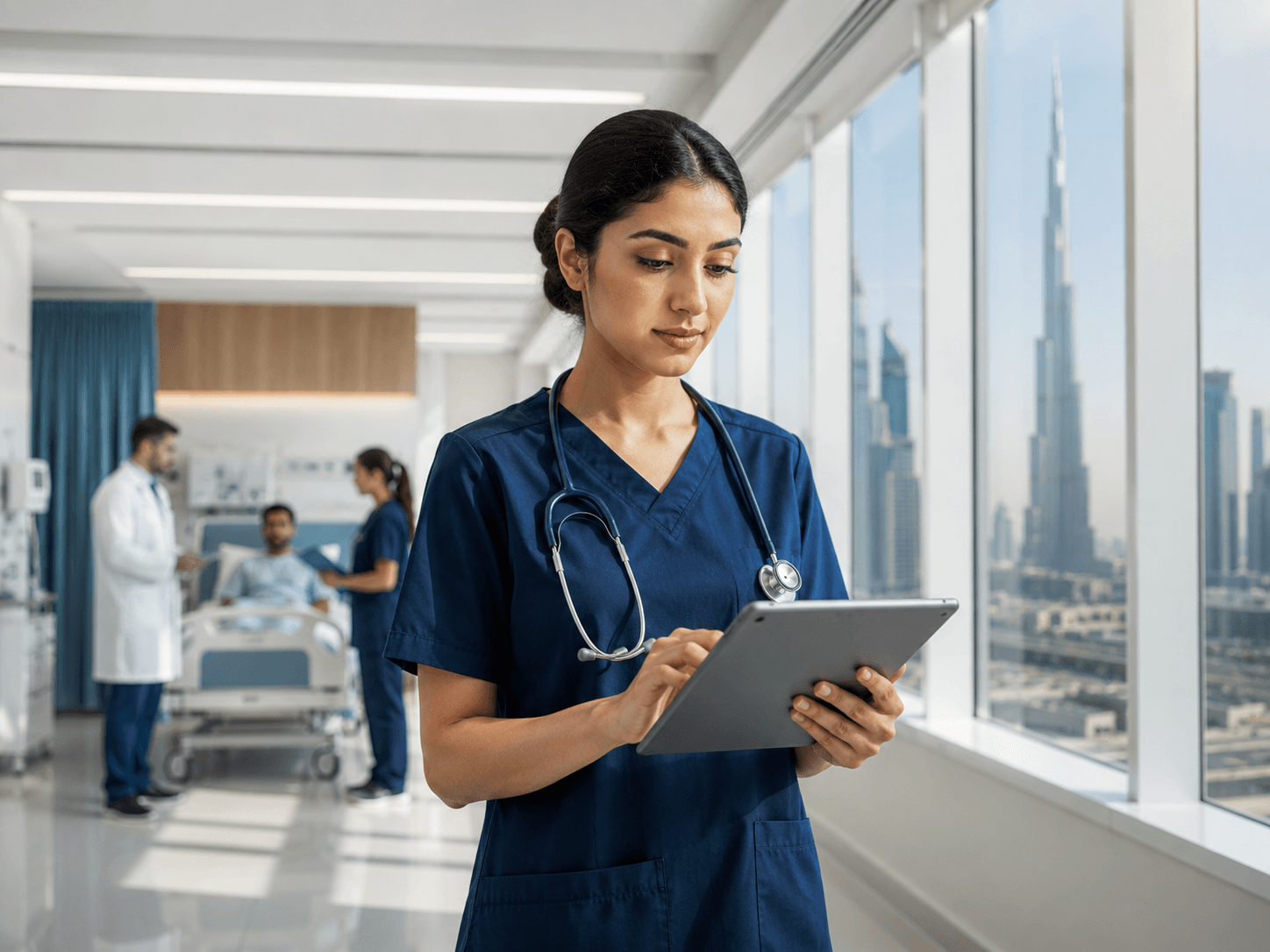 Medical staff member reviewing records on a tablet in a UAE clinic