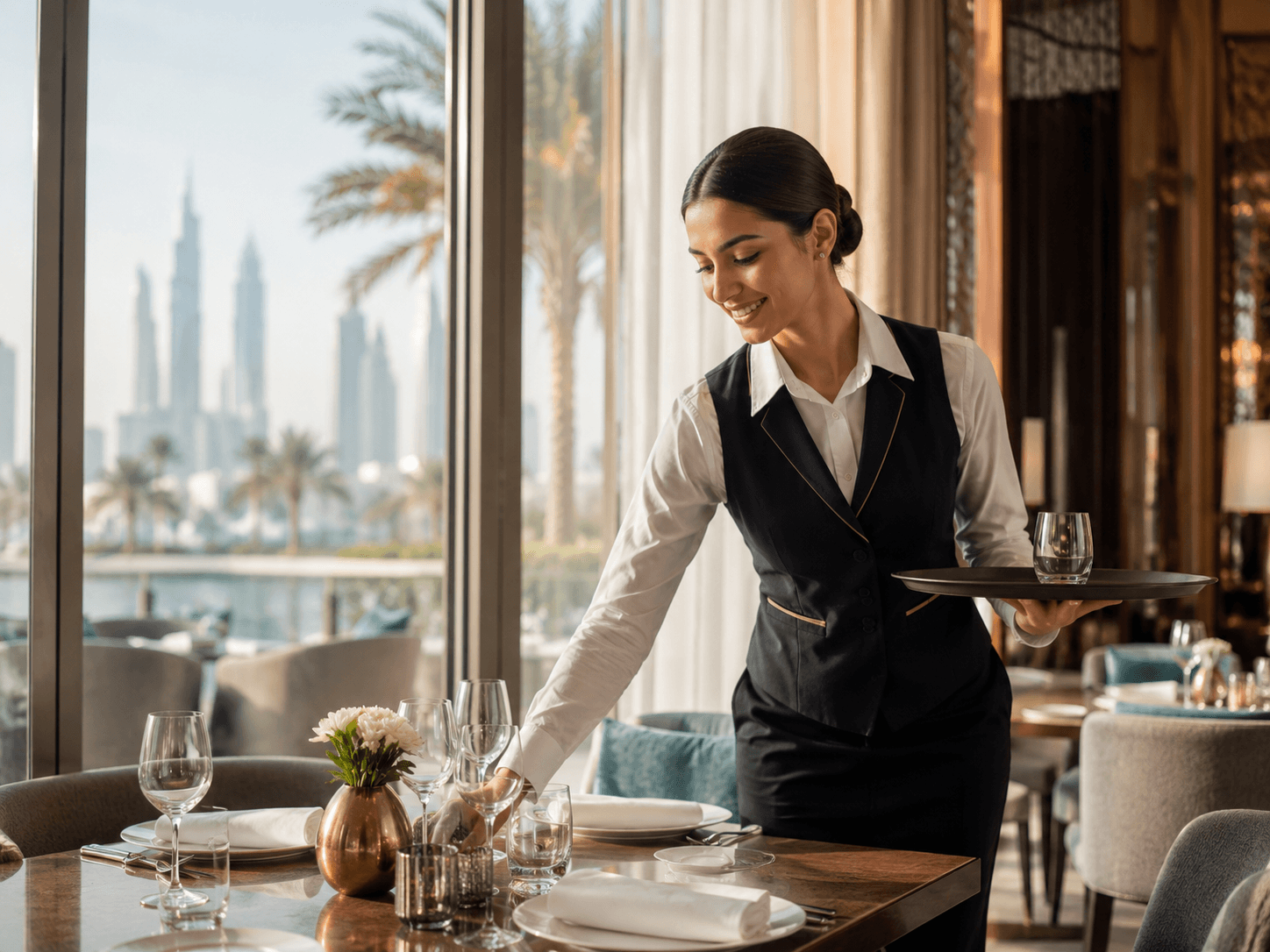 Hotel and catering staff serving guests in a UAE hospitality venue