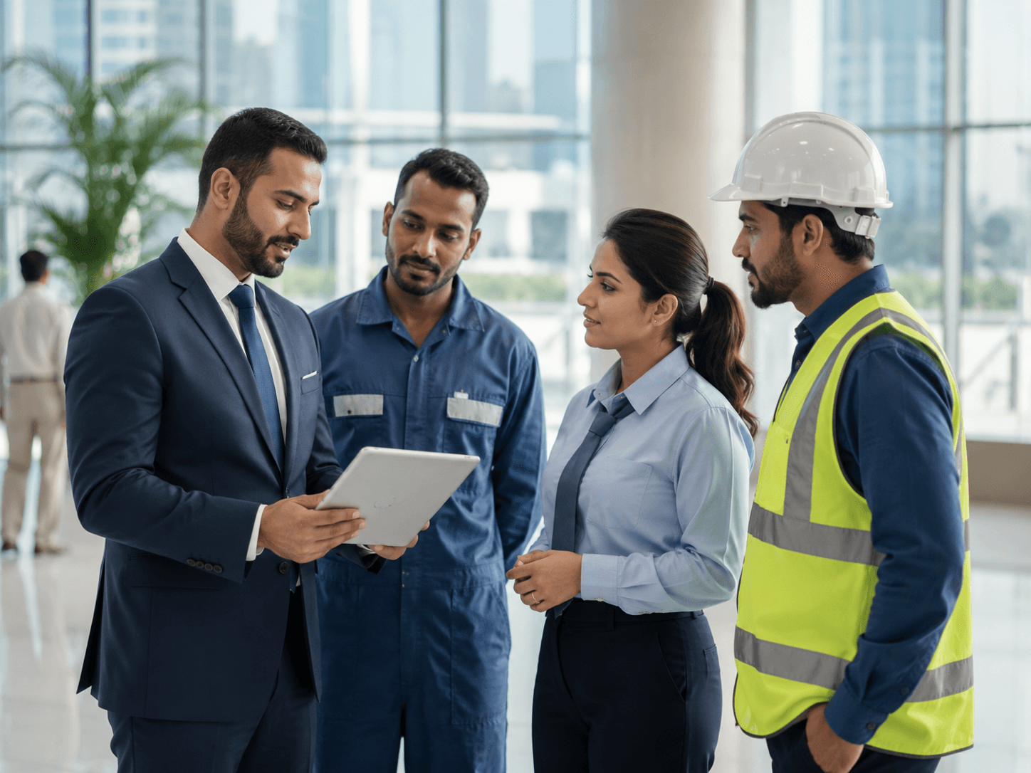 Outsourced labour-hire team meeting with a client manager on a UAE site