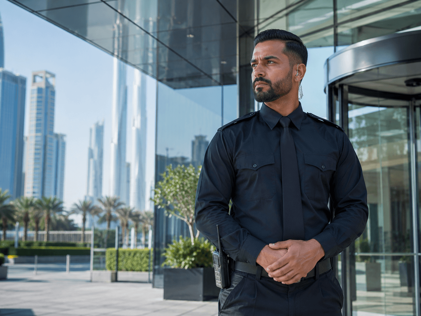 Licensed security guard on duty at a UAE site entrance